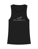 The Crop Muscle Racerback - Black - XPLOREFIT - Center Chest Stacked - Printed - White