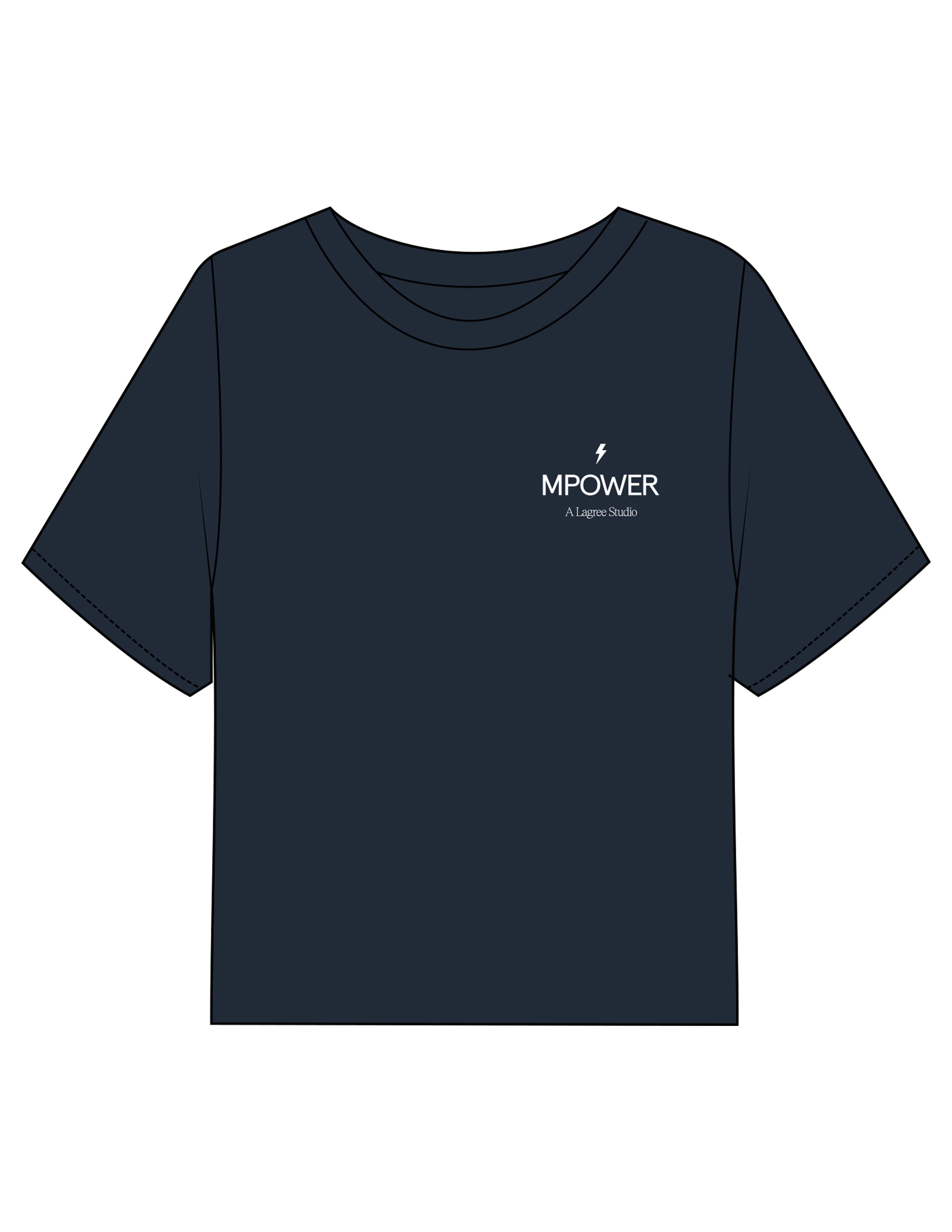 The Boxy Crop Tee - Navy - MPOWER - Left Chest Stacked & Back Image - Printed - White