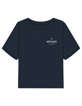 The Boxy Crop Tee - Navy - MPOWER - Left Chest Stacked & Back Image - Printed - White