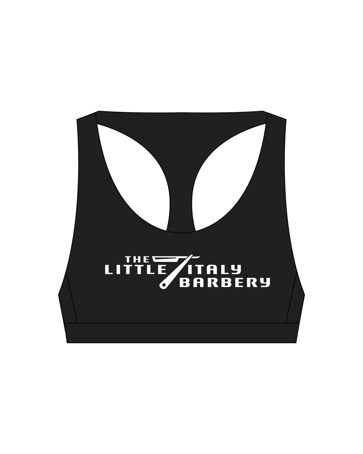 The Racer Bra - Black - Little Italy Barbery - Center Chest Stacked - Printed - White