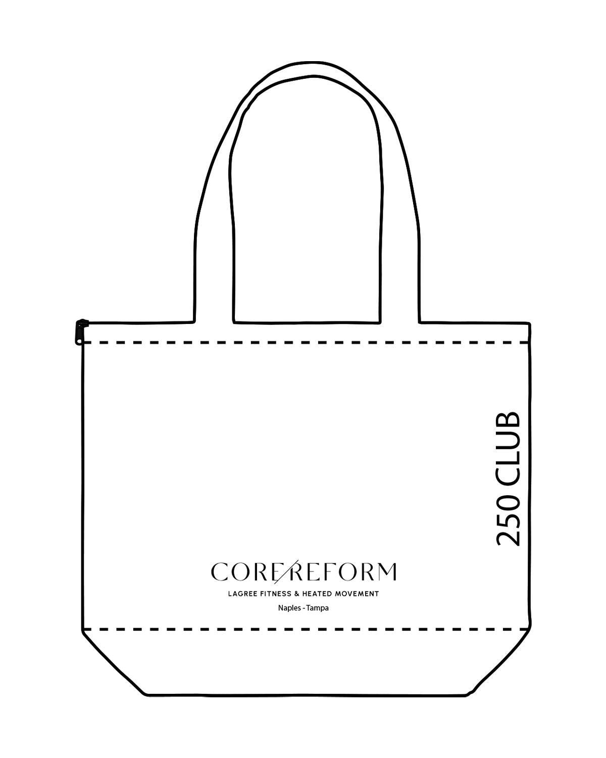 The Zipper Tote Bag - White - Core Reform -  Front Bottom & Left Side - Printed - Black