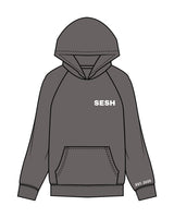 The Mens Hoodie - Washed Black - Sesh Studio - Left Chest & Left Cuff - Right Back Corner Stacked - Printed - White