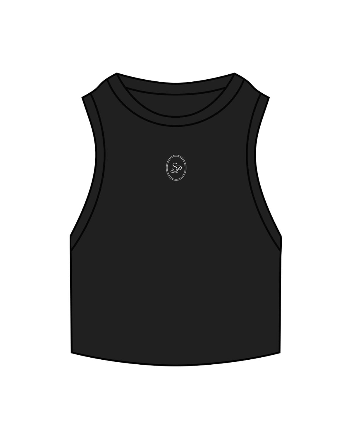 The Ribbed Crop Tank - Black - Sense Pilates - Center Chest Icon  Logo - Embroidered - White