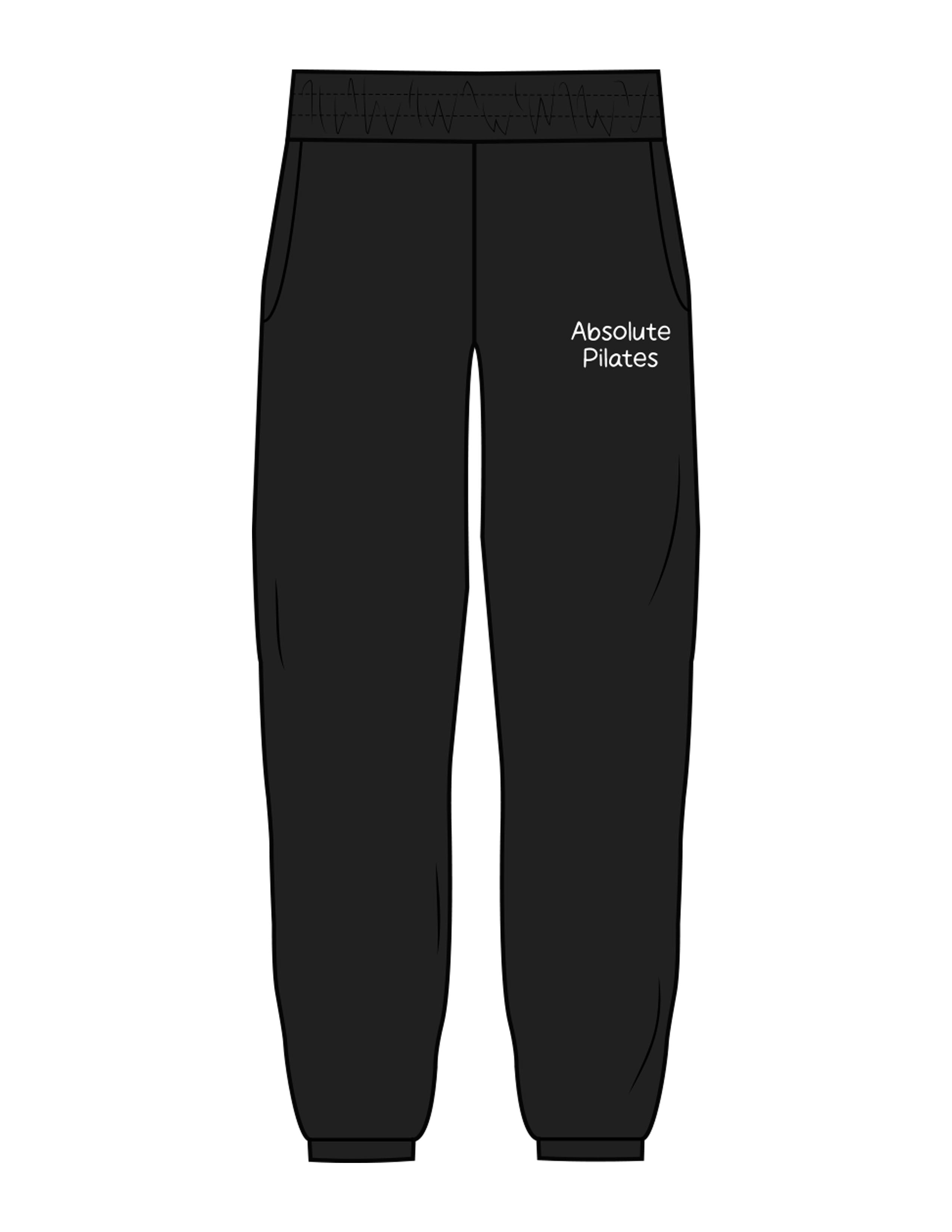 The Womens Sweatpants - Black - Absolute Pilates - Left Leg Stacked - Embroidered - White
