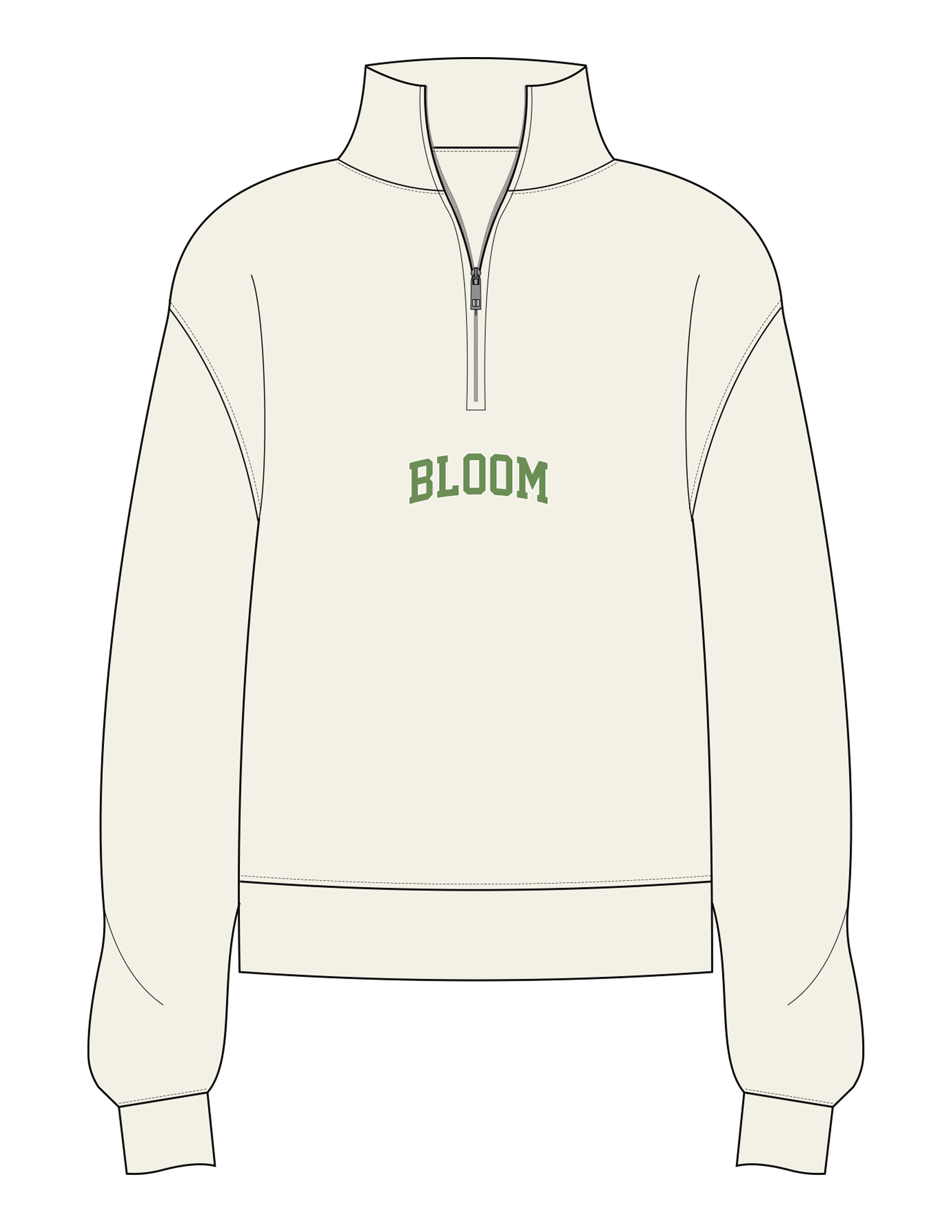 The Womens 1/4 Zip - Off White - Bloom Pilates - Center Front - Embroidered - Full Color