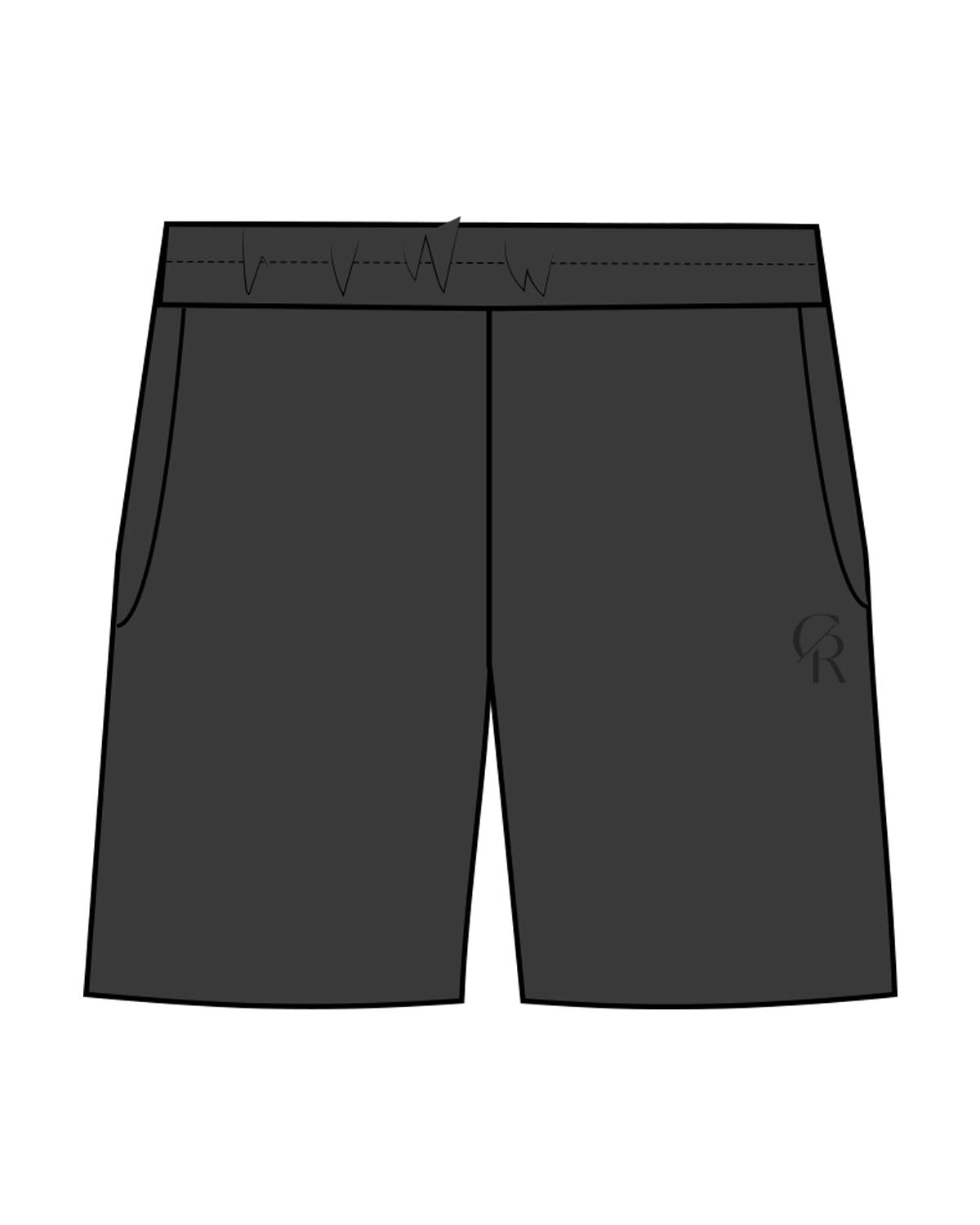 The Mens Sweat Shorts - Washed Black - Core Reform - Left Leg - Printed - Tone on Tone