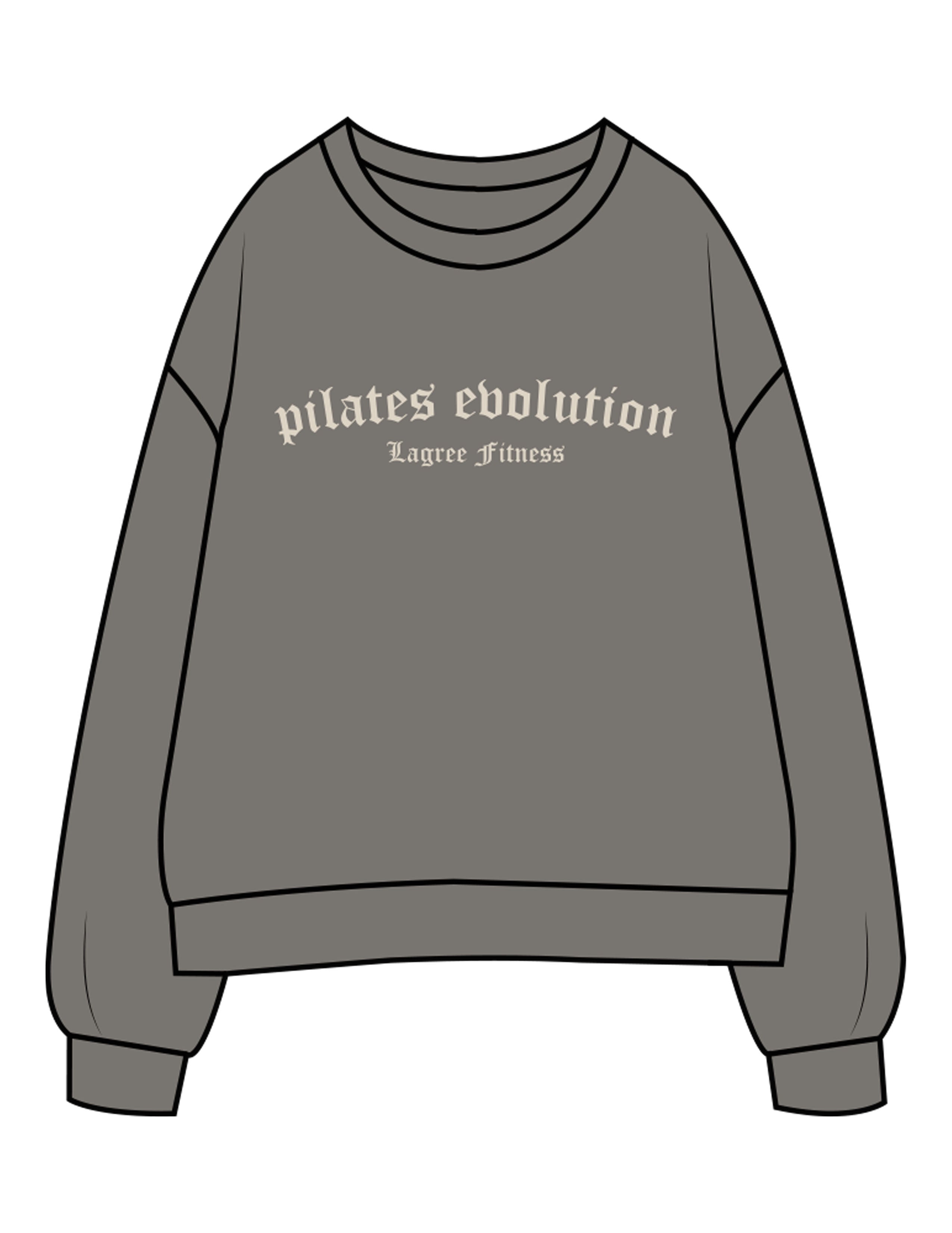 The Womens Crewneck - Washed Gray - Pilates Evolution - Chest Arc Stacked - Printed - Off White