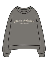 The Womens Crewneck - Washed Gray - Pilates Evolution - Chest Arc Stacked - Printed - Off White