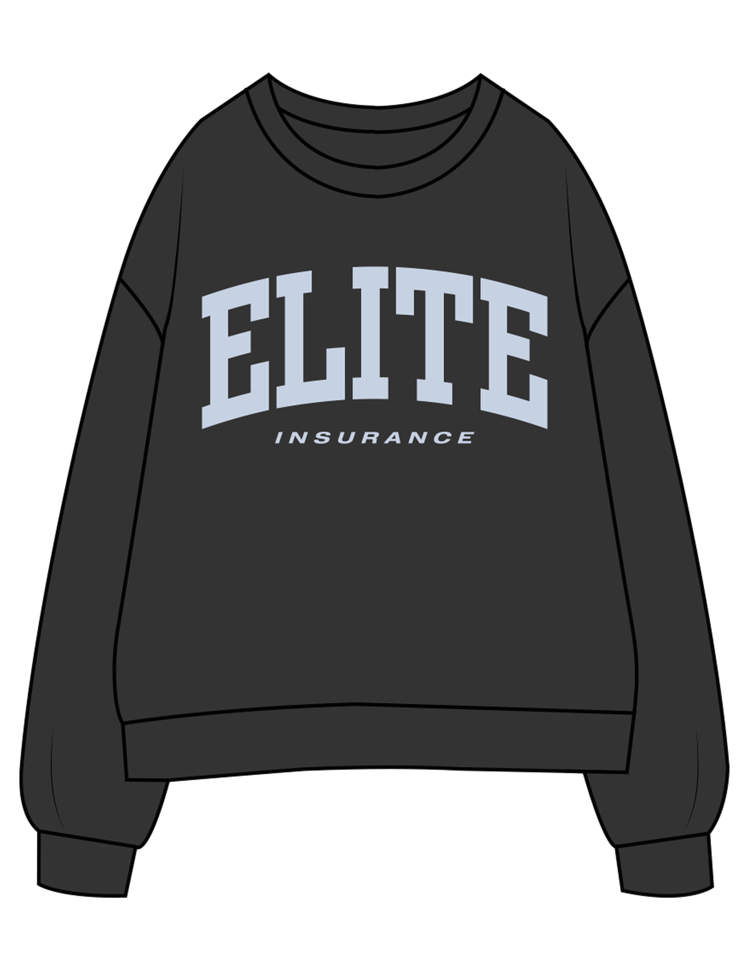 The Womens Crewneck - Washed Black - Elite Insurance - Center Chest Stacked - Printed - Light Blue