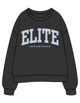 The Womens Crewneck - Washed Black - Elite Insurance - Center Chest Stacked - Printed - Light Blue