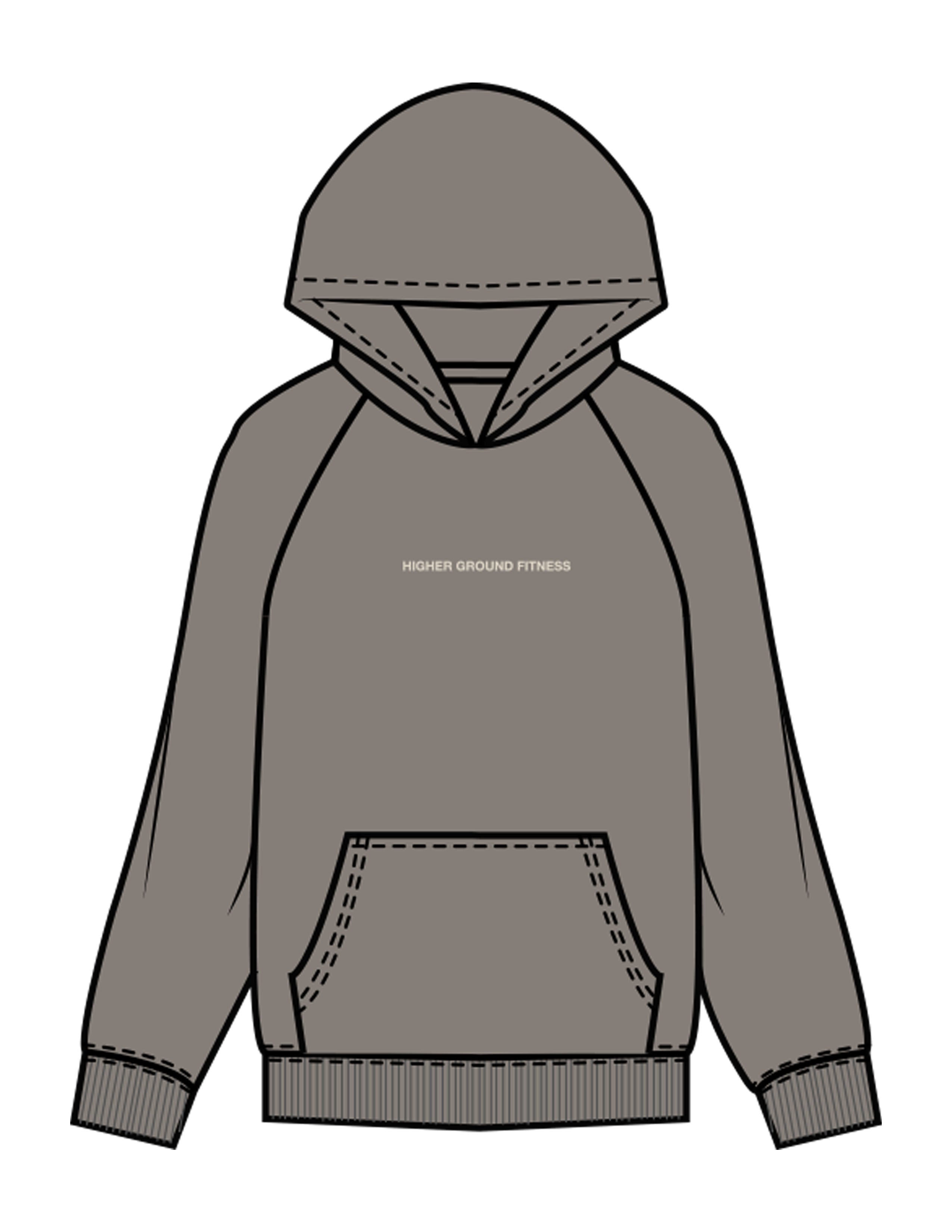 The Womens Hoodie - Washed Gray - Higher Ground - Center Chest & Back Stacked - Printed - Off White