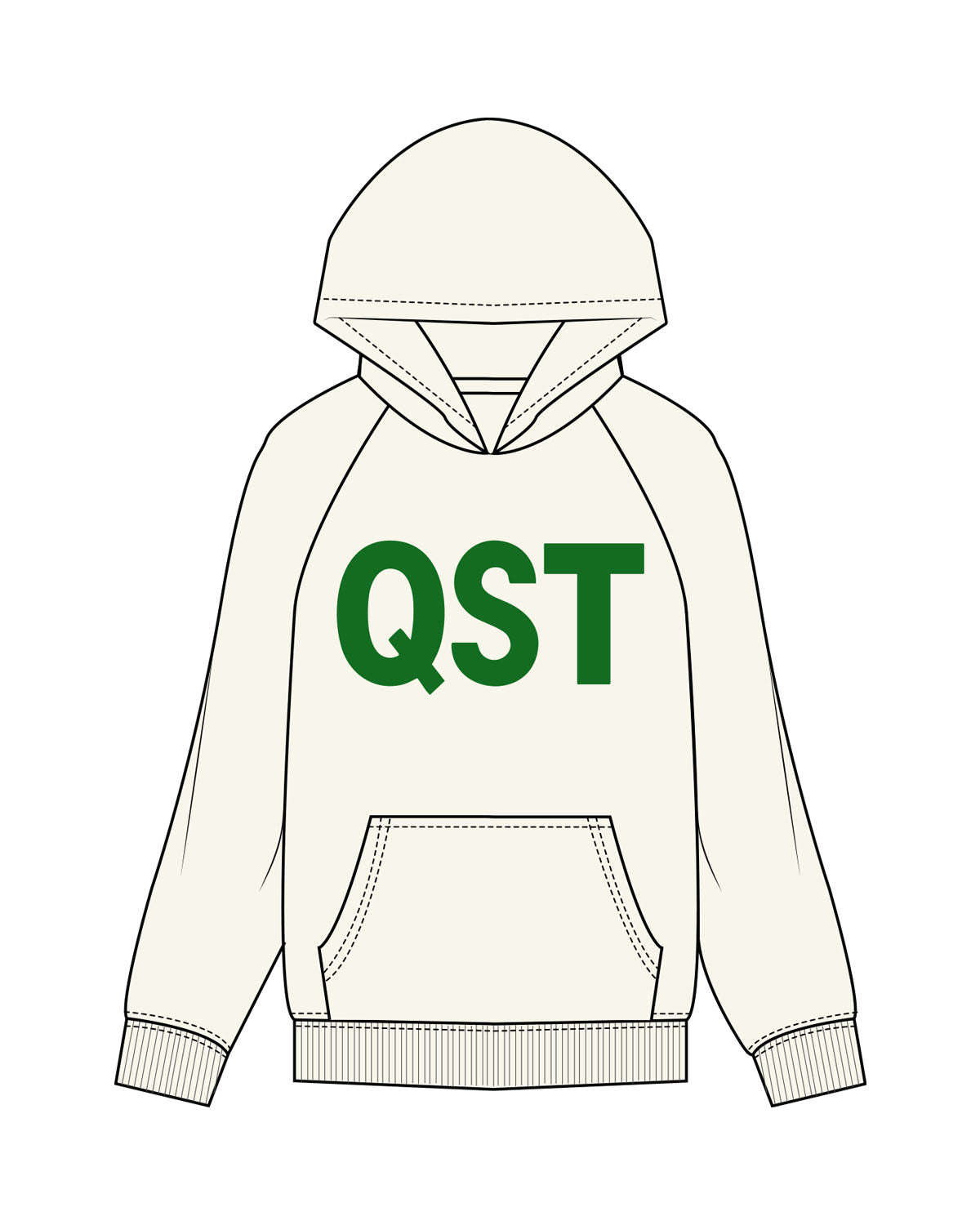 The Mens Hoodie - Off White - Q Street - Center Chest & Center Back Logo - Printed - Green