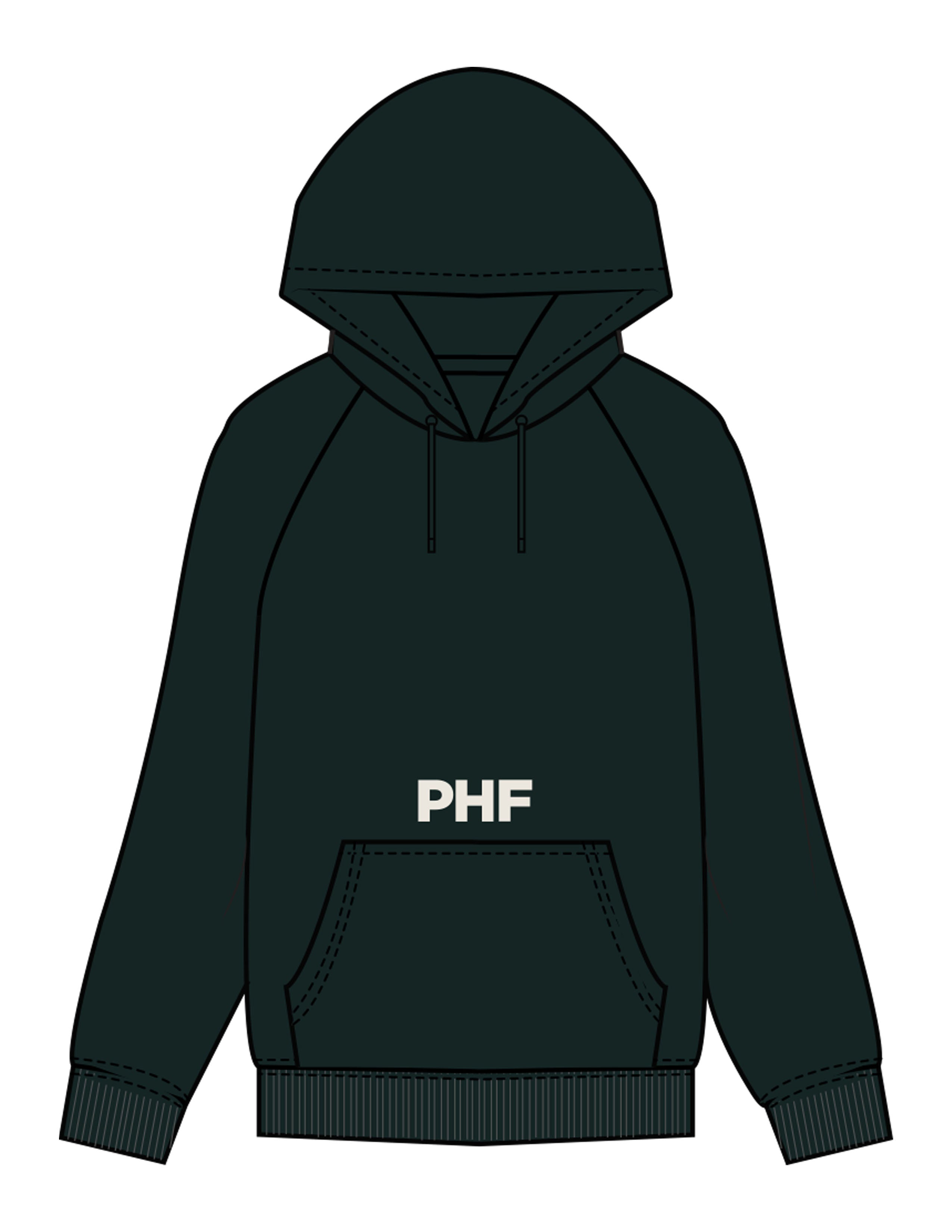 The Mens Classic Hoodie - Pine Green - Powerhouse Fitness - Front Upper Pocket & Full Back - Printed - Off White
