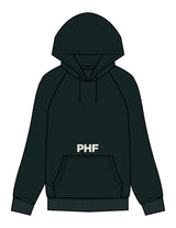 The Mens Classic Hoodie - Pine Green - Powerhouse Fitness - Front Upper Pocket & Full Back - Printed - Off White