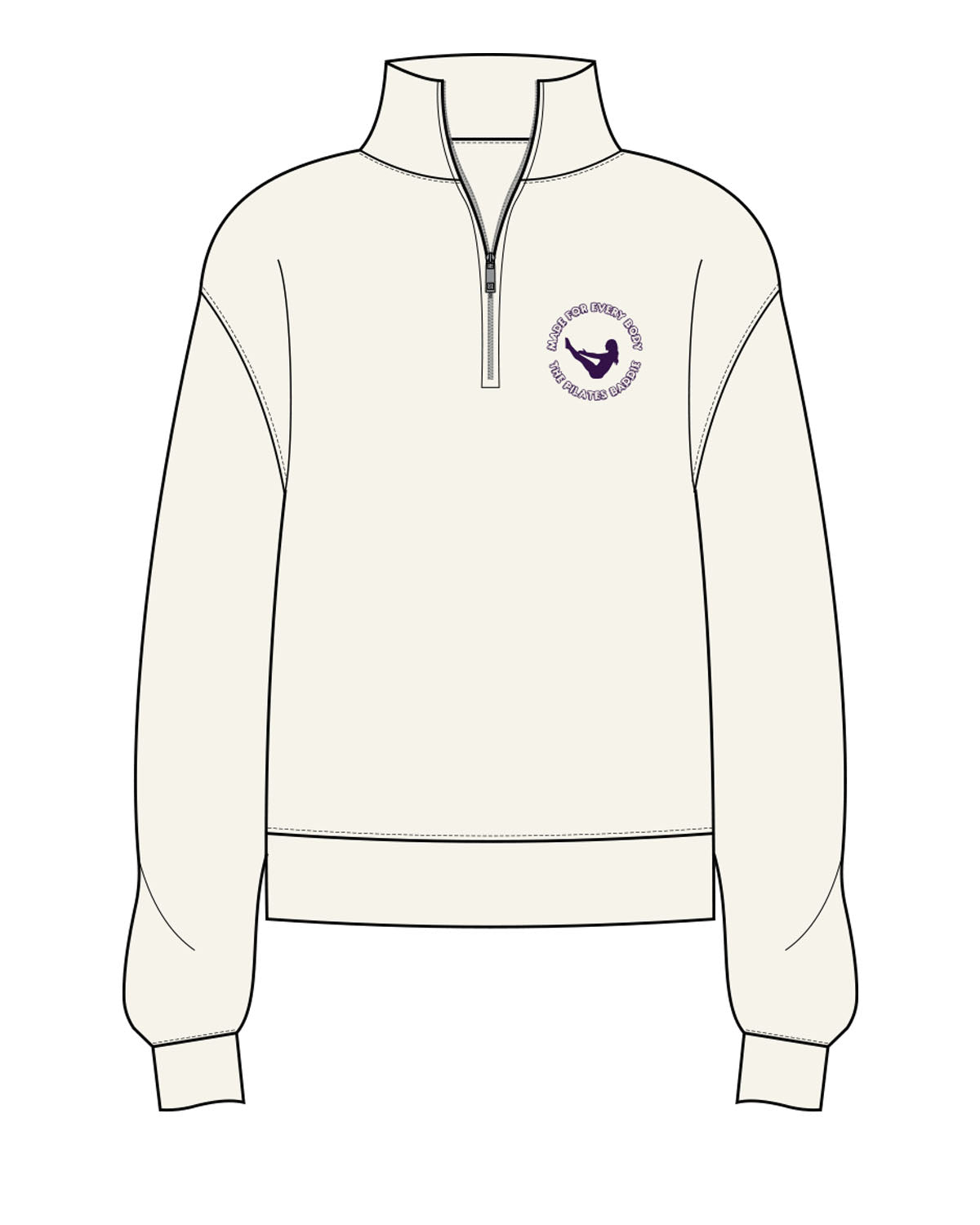 The Womens 1/4 Zip - Off White - Pilates Baddie - Left Chest Round Logo - Printed - Purple