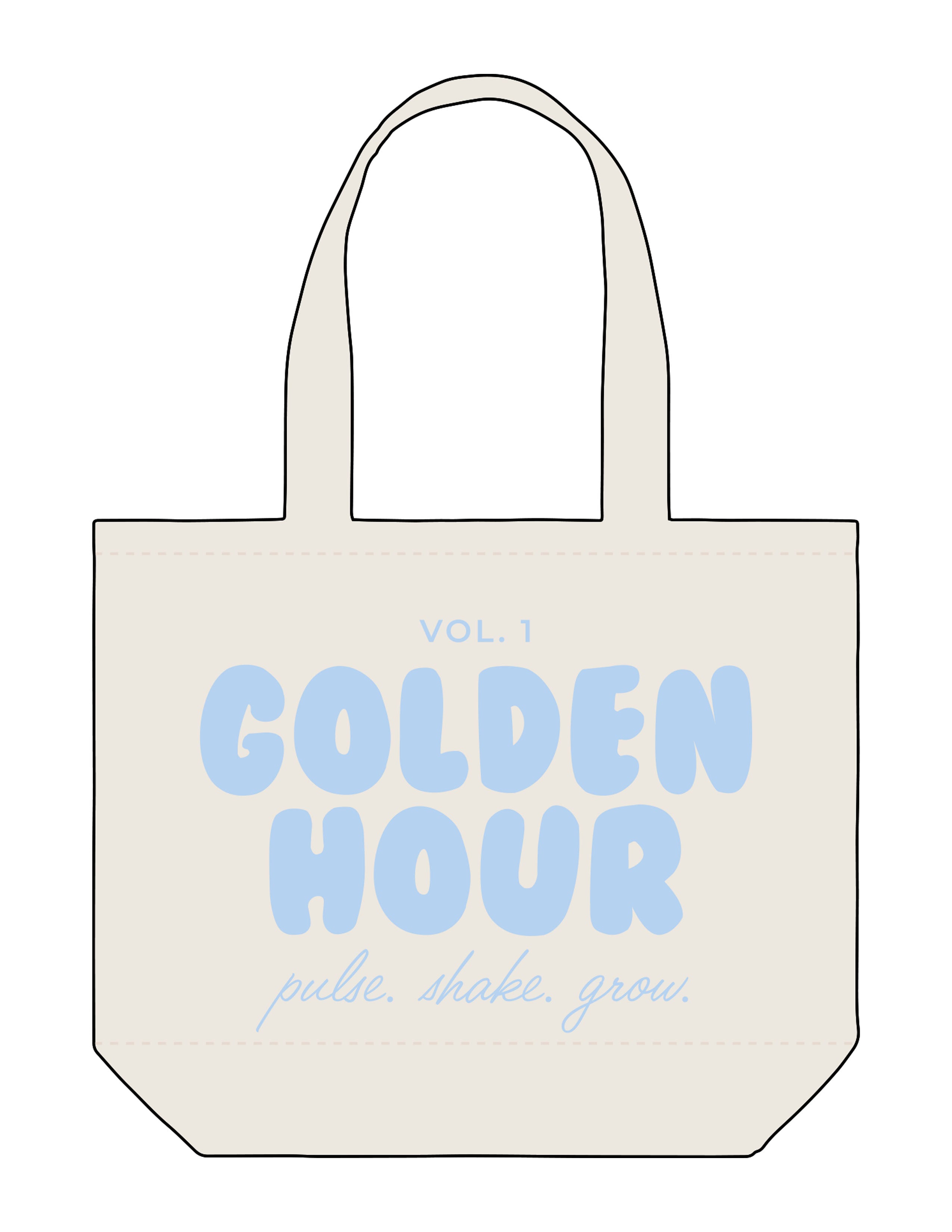 The Tote Bag - Natural - Golden Hour - Center Body Stacked w/ Script - Printed - Light Blue