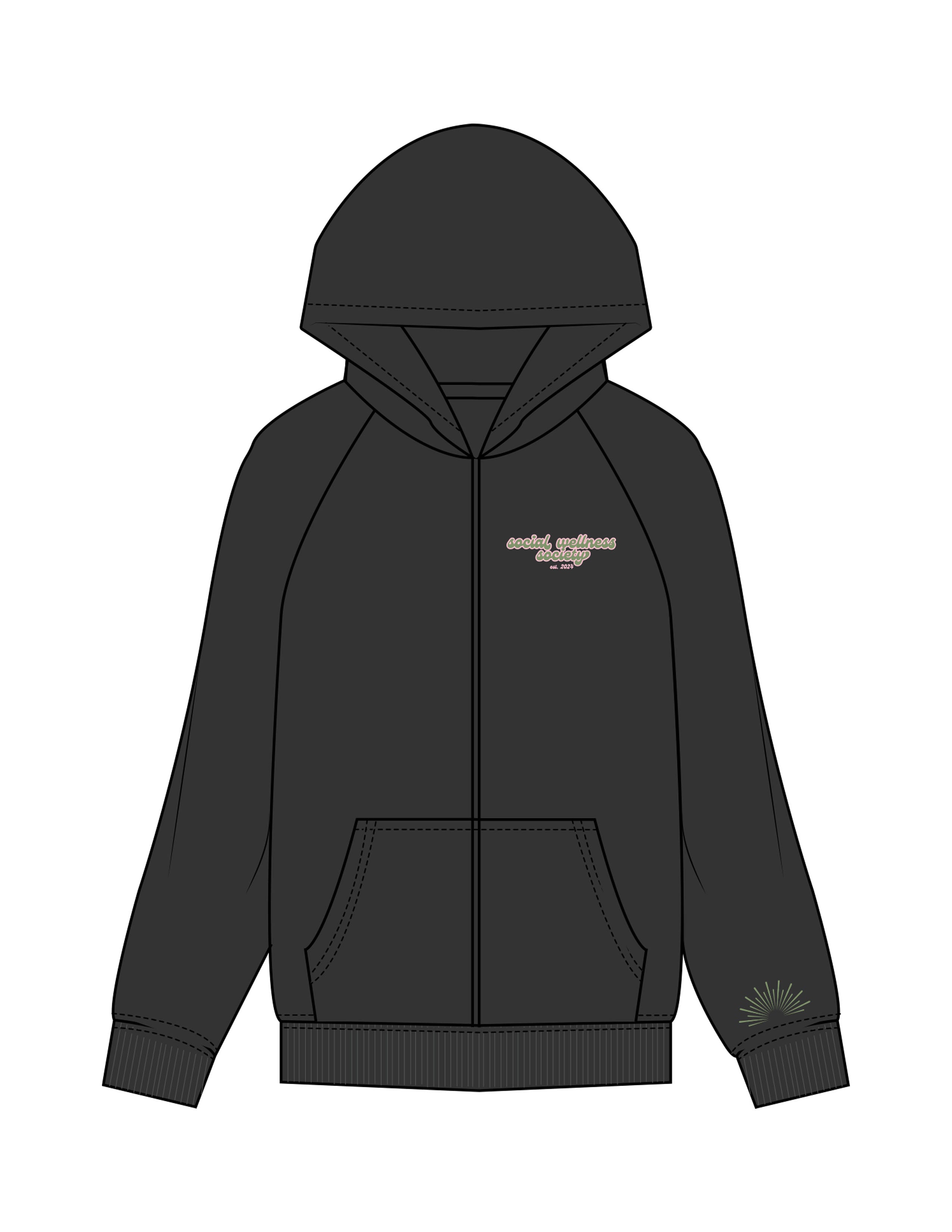 The Womens Zip Hoodie - Washed Black - SWS - Left Chest & Left Wrist - Printed - Full Color
