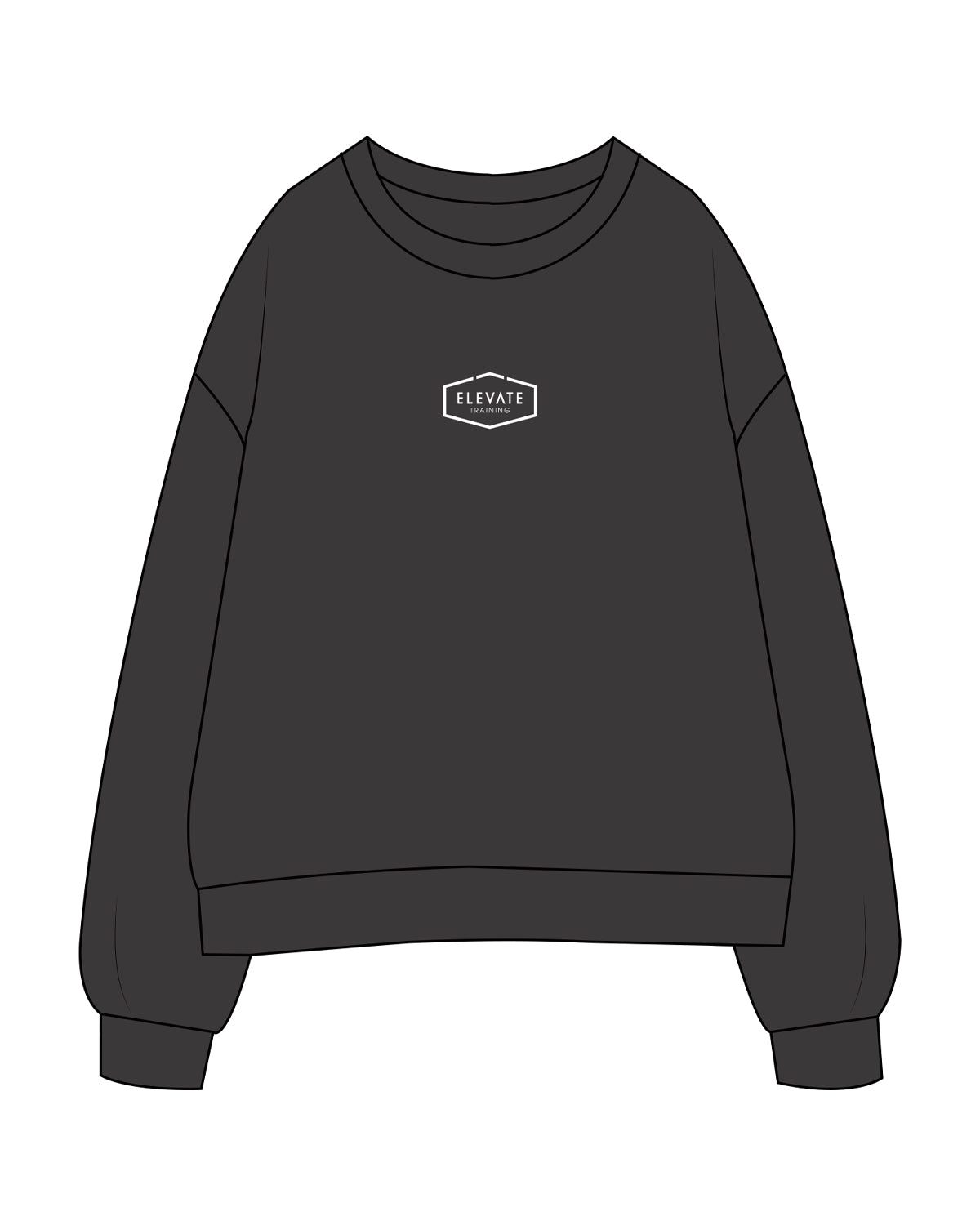 The Womens Crewneck - Washed Black - Elevate - Center Chest & Back Center Round - Flat Print Front & Puff Print Back White