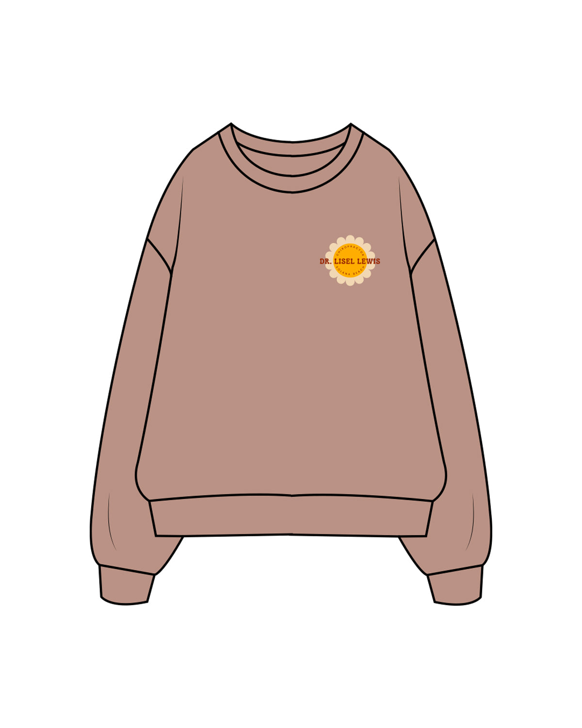 The Womens Crewneck - Clay - Lisel Lewis - Left Chest Sunflower & Back Center Sunflower Stacked - Full Color