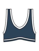 The Piped Bra - Petrol Blue - The Refinery Fitness Studio - Center Back - Printed - White