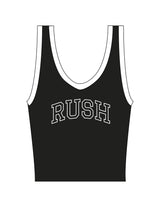 The Piped 3/4 Crop Tank - Black - Rush Cycle Studio - Center Chest Arc - Printed - White