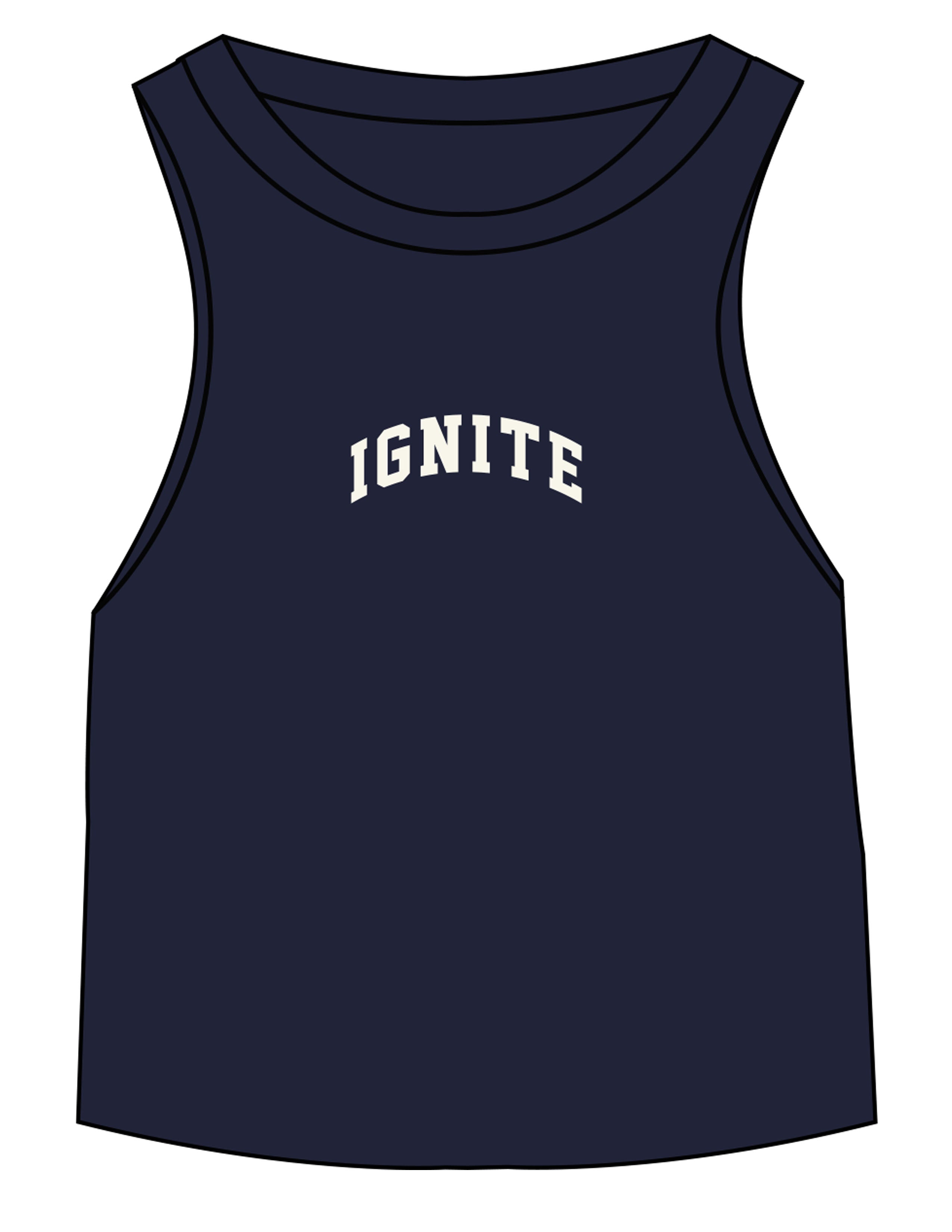 The Micro Rib Racer Crop - Navy - Ignite Barre & Fitness - Center Chest Arc - Printed - Off White