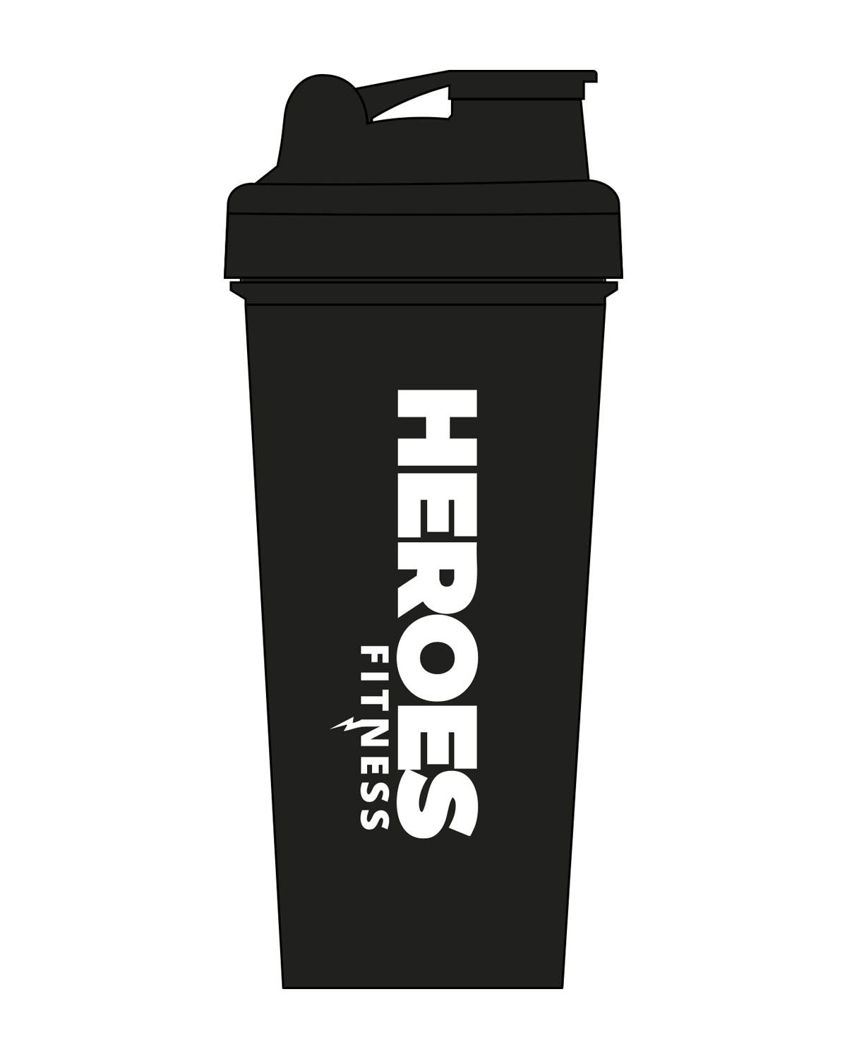 The Shaker Bottle - Black - Heroes Fitness - Center Body Stacked - Printed - Black