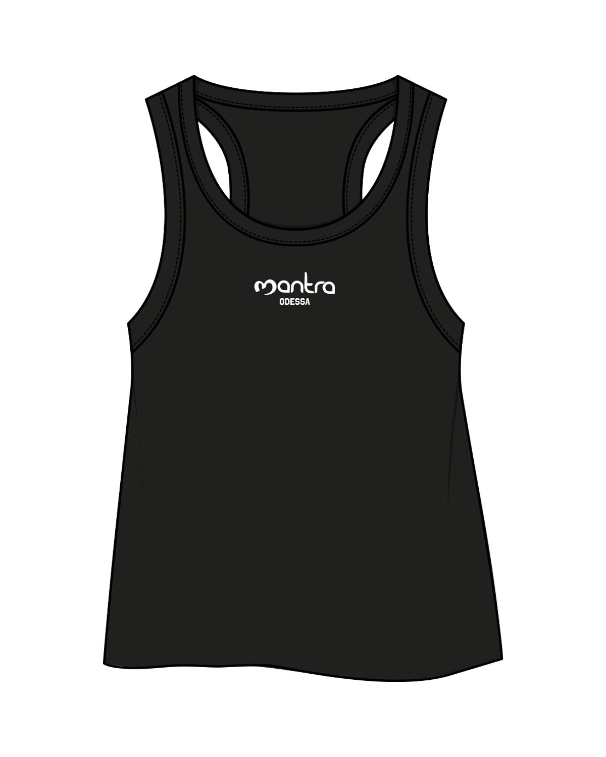 The Crop Tank - Black - Mantra - Center Chest Stacked "ODESA" & Back Center Neckline - Printed - White