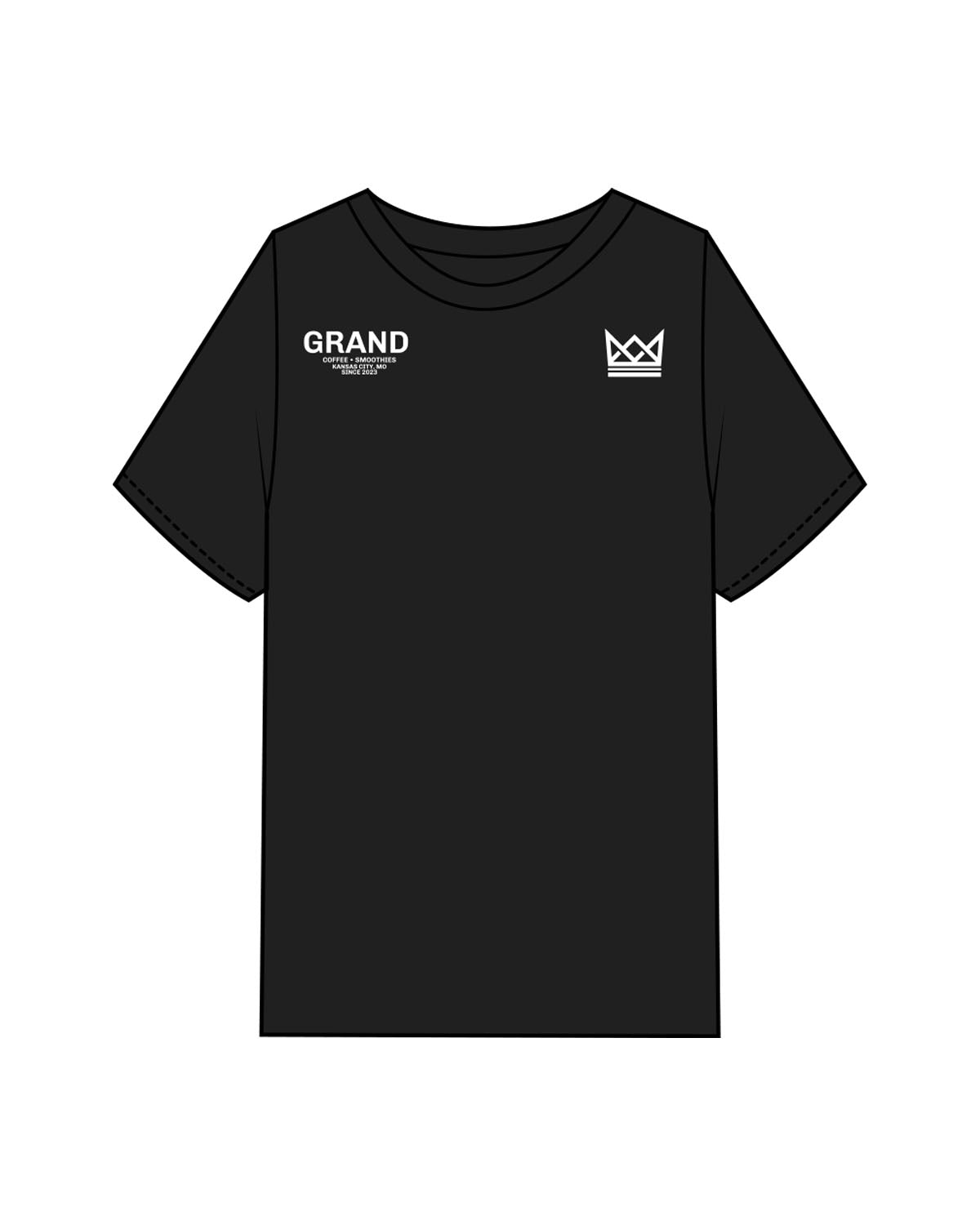 The Mens Heavyweight Tee - Black - Grand Co - Left & Right Upper Chest - Back Stacked - Printed - White