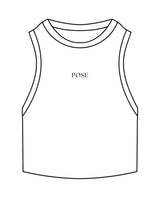 The Ribbed Crop Tank - White - Pose Pilates - Center Chest - "POSE" - Embroidered - Dark Green
