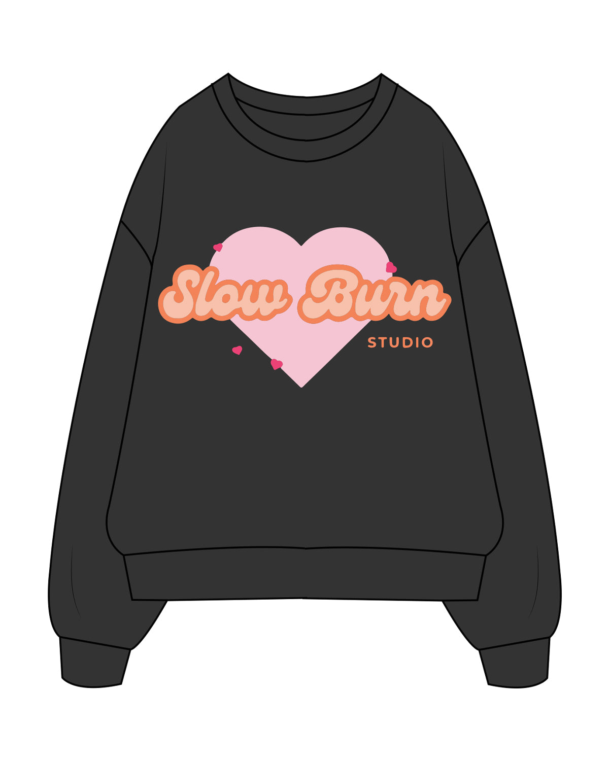The Womens Crewneck - Washed Black - Slow Burn - Center Chest Stacked - Full Color