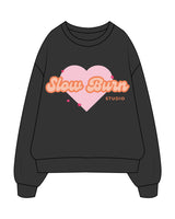 The Womens Crewneck - Washed Black - Slow Burn - Center Chest Stacked - Full Color