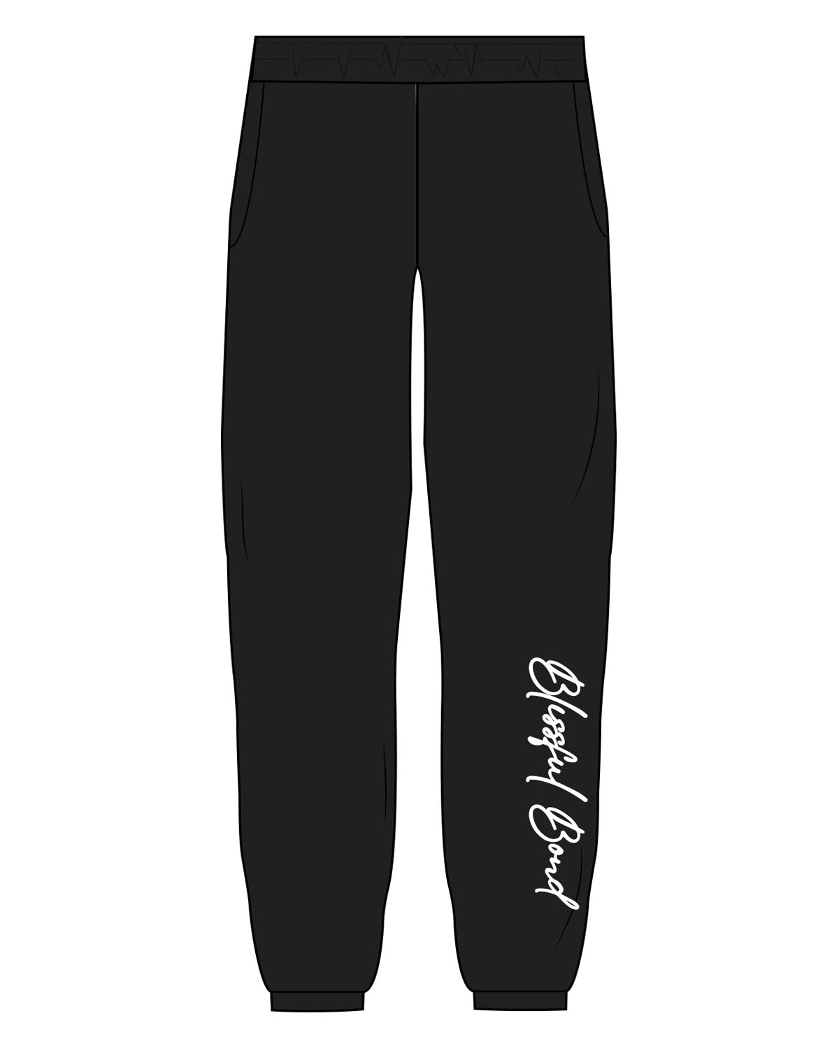 The Mens Sweatpants - Black - Blissful Bond - Left Bottom Leg - Printed - White