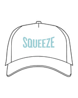 The 5 Panel Trucker Hat - White - Squeeze Massage - Center Crown - Embroidered - Squeeze Blue