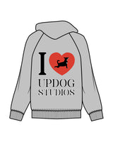 The Mens Hoodie - Heather - Updog Yoga - Left Chest - Back Center "IloveUpdog" - Printed - Full  Color