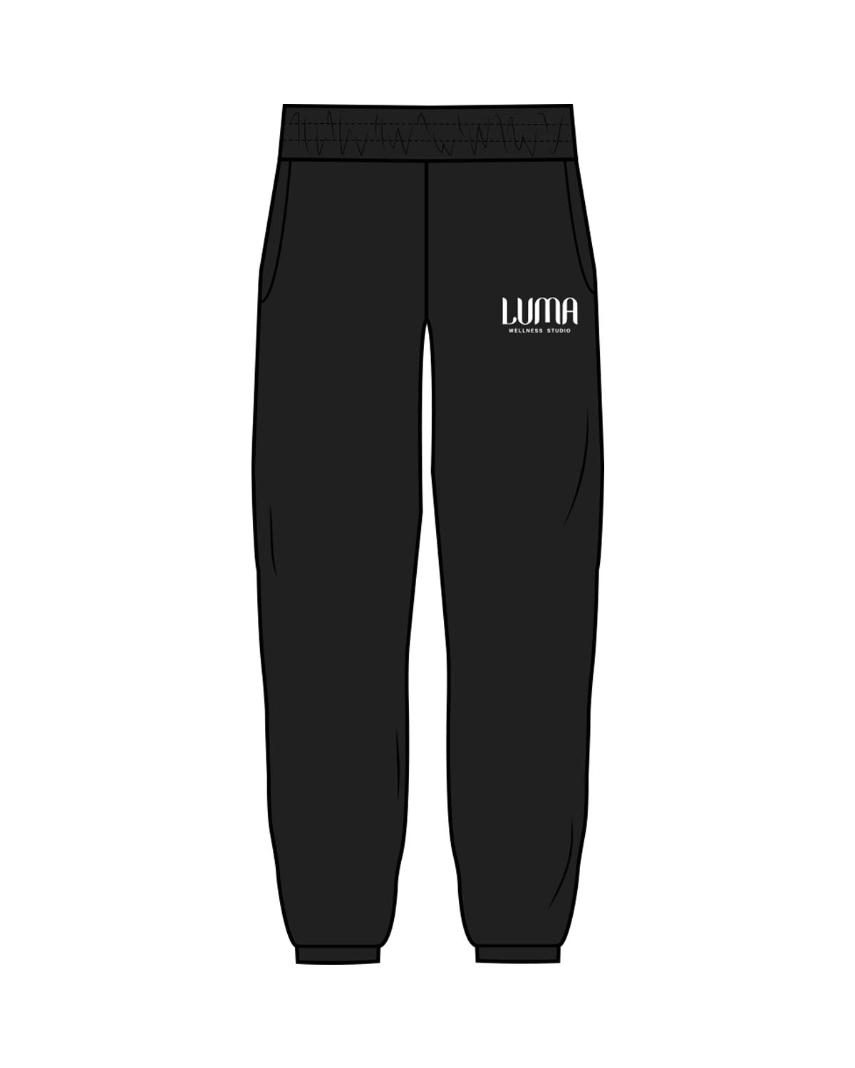 The Mens Sweatpants - Black - Luma Wellness - Left Leg Stacked - Embroidered - White