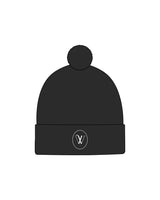 The Pom Pom Beanie - Black - Velvaere - Center Fold - Embroidered - White