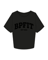 The Crop Tee - Black - Bigger Picture Fitness - Arc Chest Stacked - Printed - Tone on Tone