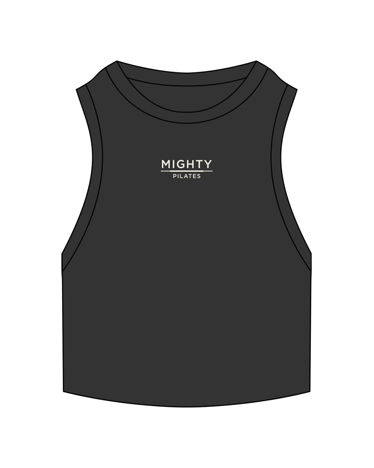 The Ribbed Crop Tank - Washed Black - Mighty Pilates - Center Chest Stacked - Embroidered - Off White