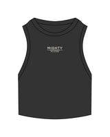The Ribbed Crop Tank - Washed Black - Mighty Pilates - Center Chest Stacked - Embroidered - Off White