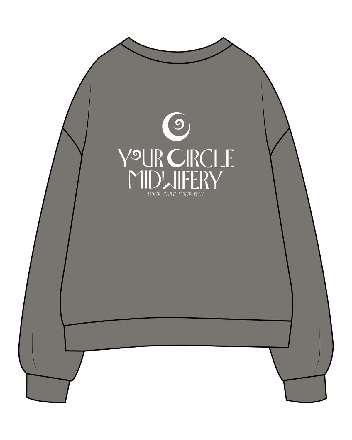 The Womens Crewneck - Washed Gray - Midwifery - Left Chest - Back Center - Printed - White
