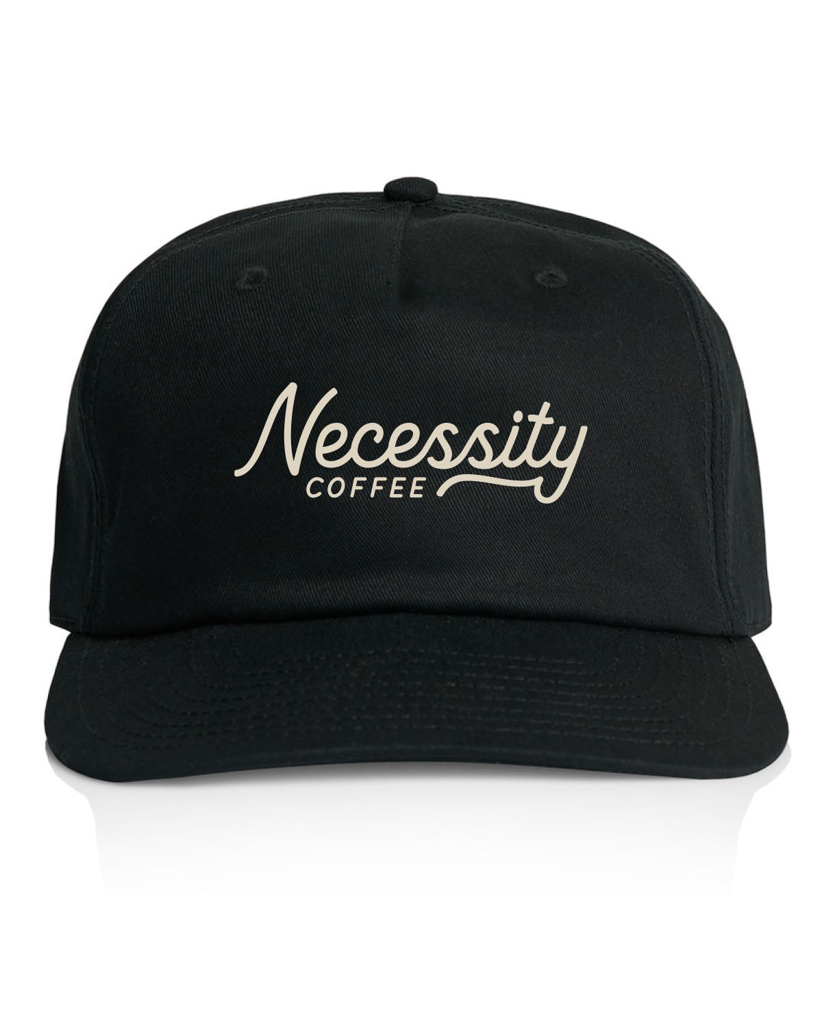 The Class 5 Panel Cap - Black - Necessity Coffee - Text Stacked - Embroidered - Off White