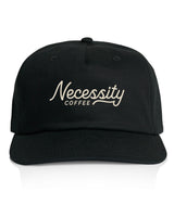 The Class 5 Panel Cap - Black - Necessity Coffee - Text Stacked - Embroidered - Off White
