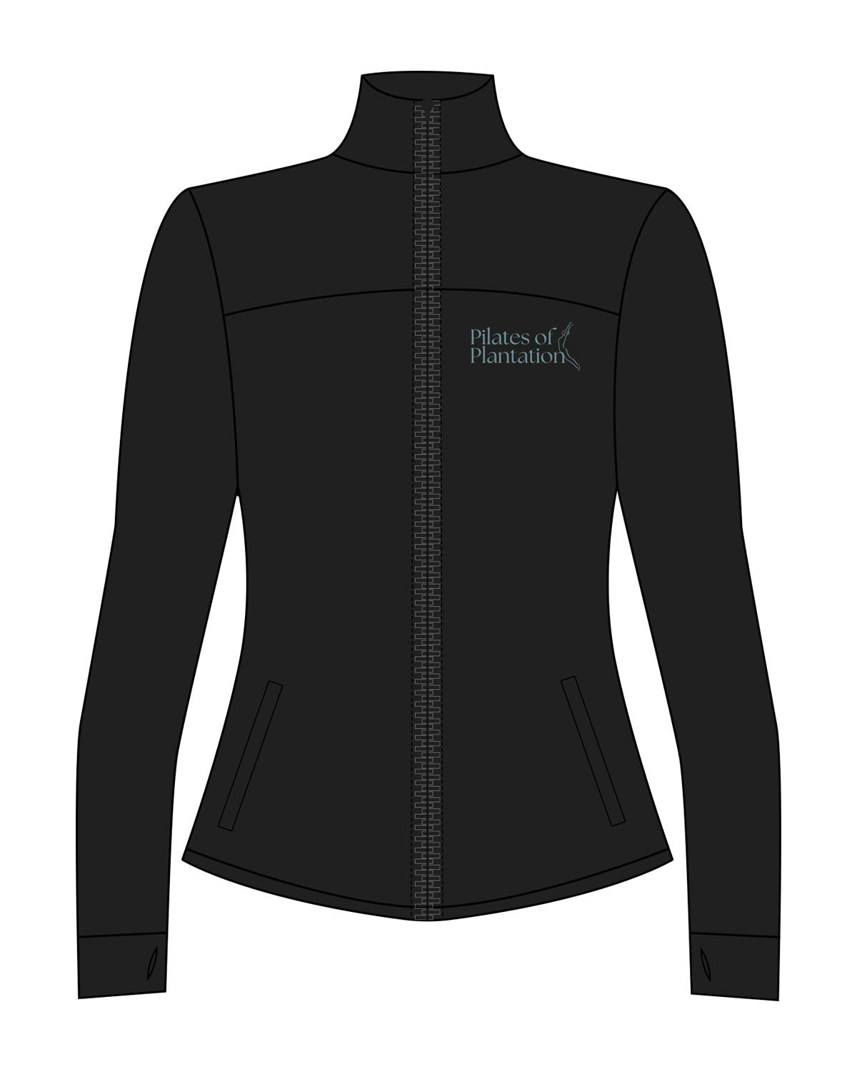 The Womens Zip Jacket - Black - Pilates of Plantation - Left Chest Stacked - Printed - Blue