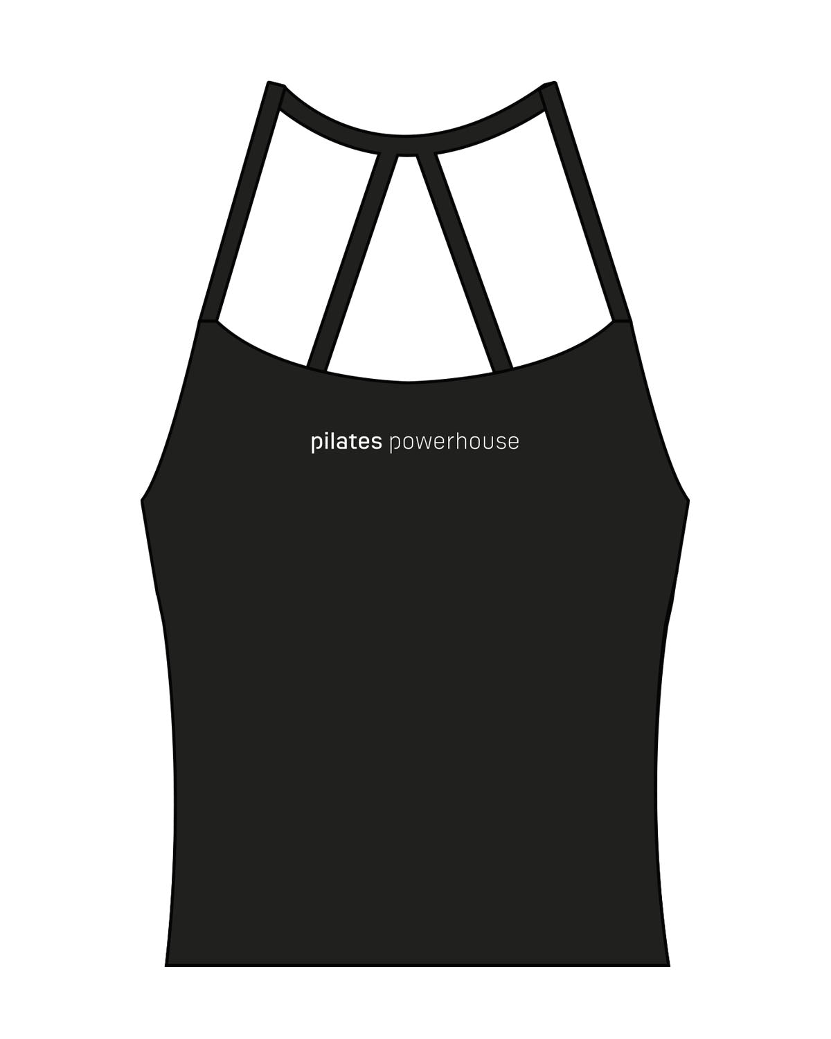 The Womens Sporty Tank - Black - Pilates Powerhouse - Center Chest - Printed - White