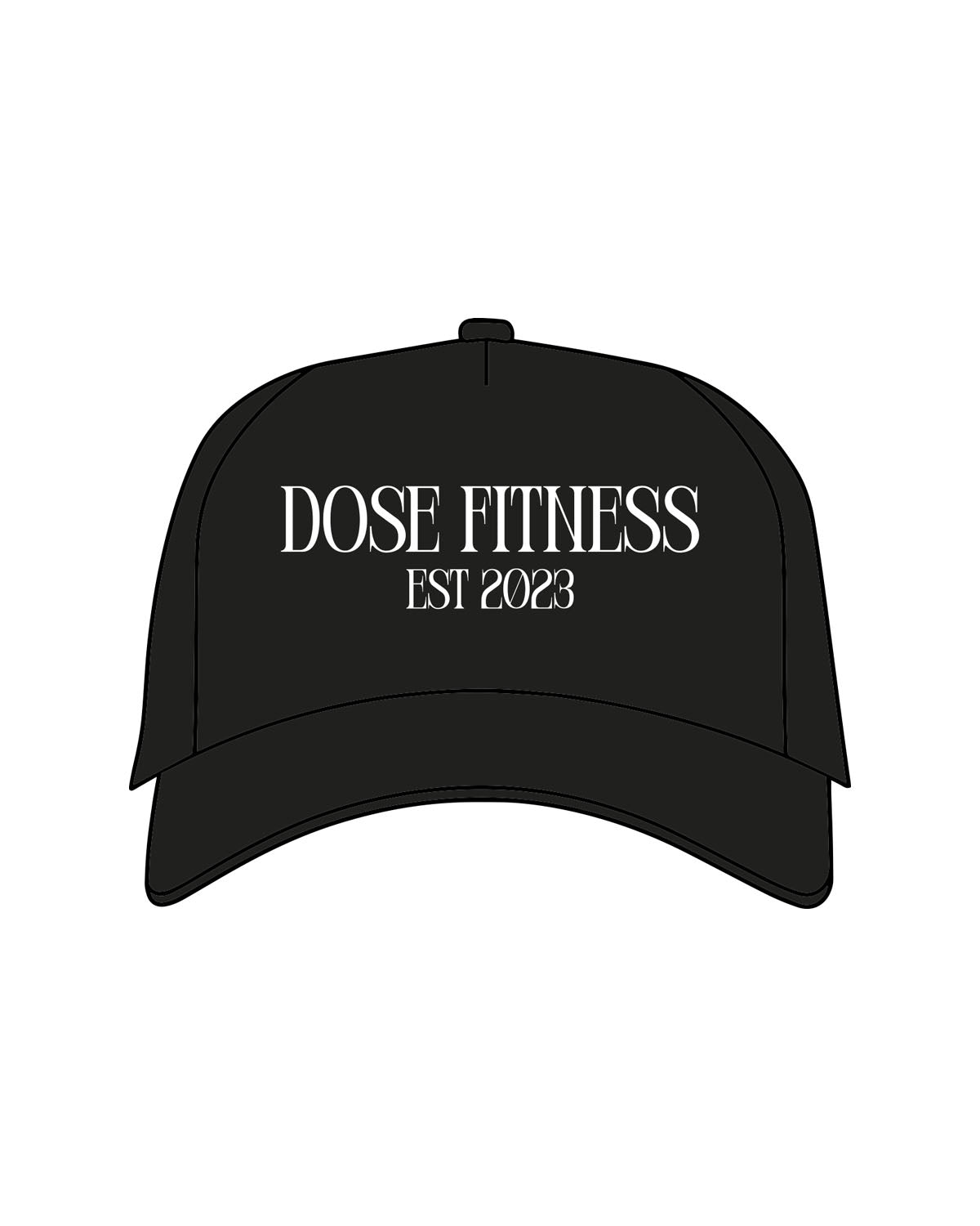 The 5 Panel Trucker Hat - Black - Dose Fitness EST 2023 - Center Crown Stacked - White