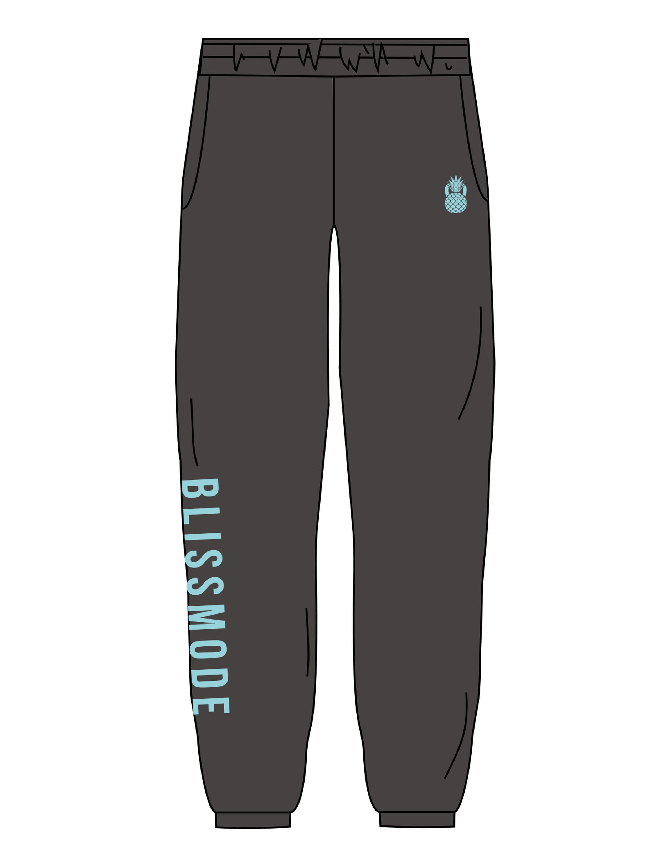 The Mens Sweatpants - Washed Black - BLISSMODE FITNESS - Left & Right Leg - Printed - Blue