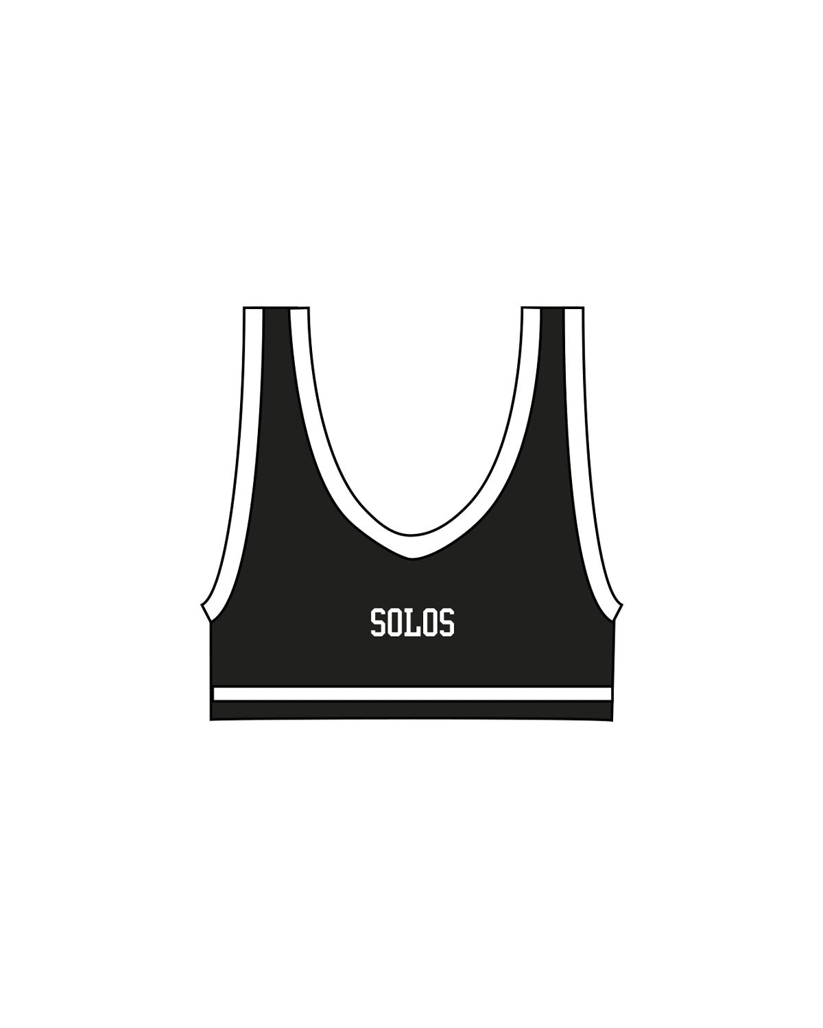 The Piped Bra - Black - Solos Pilates - Center Back "SOLOS" - Printed - White