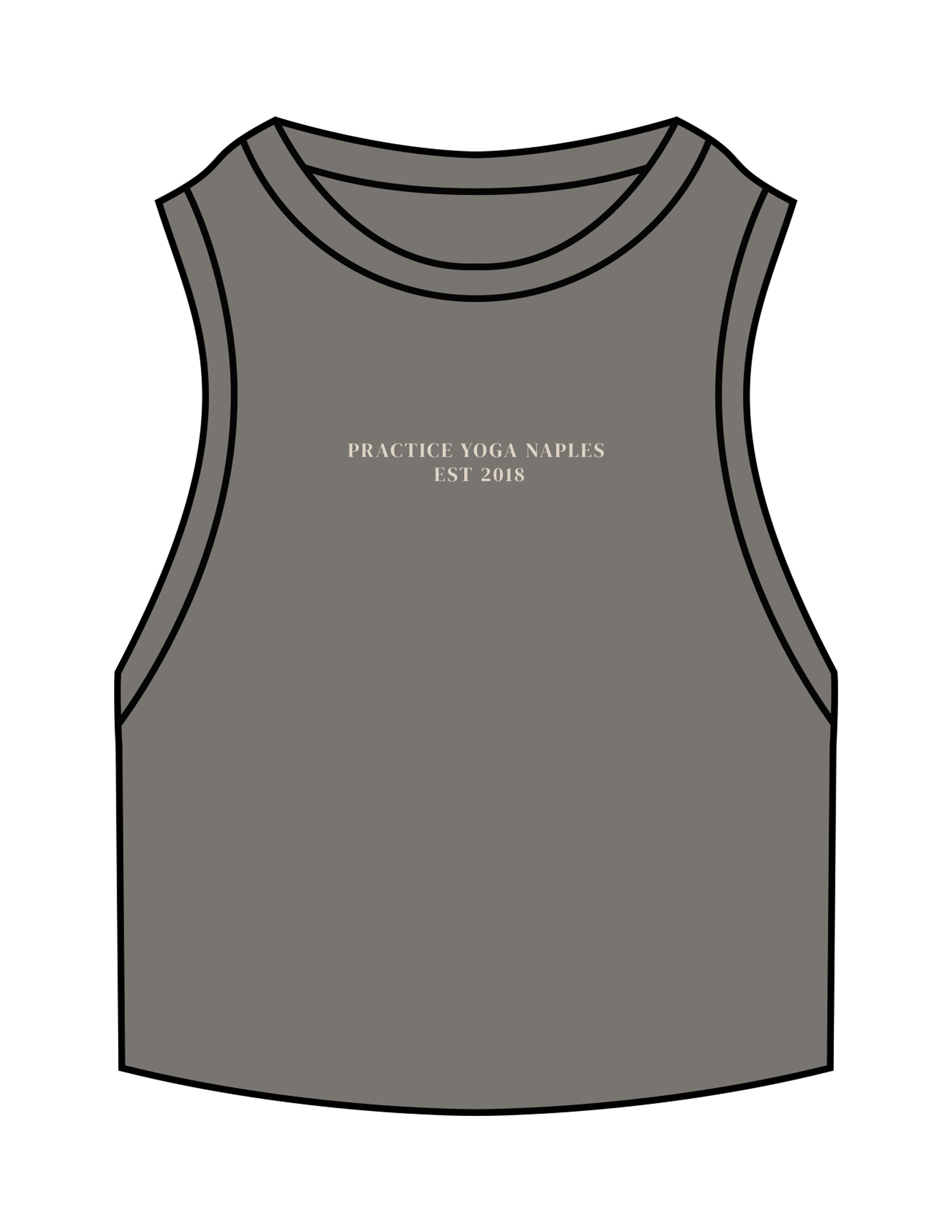 The Ribbed Crop Tank - Washed Gray - Practice Yoga - Center Chest Stacked - Embroidered - Off White