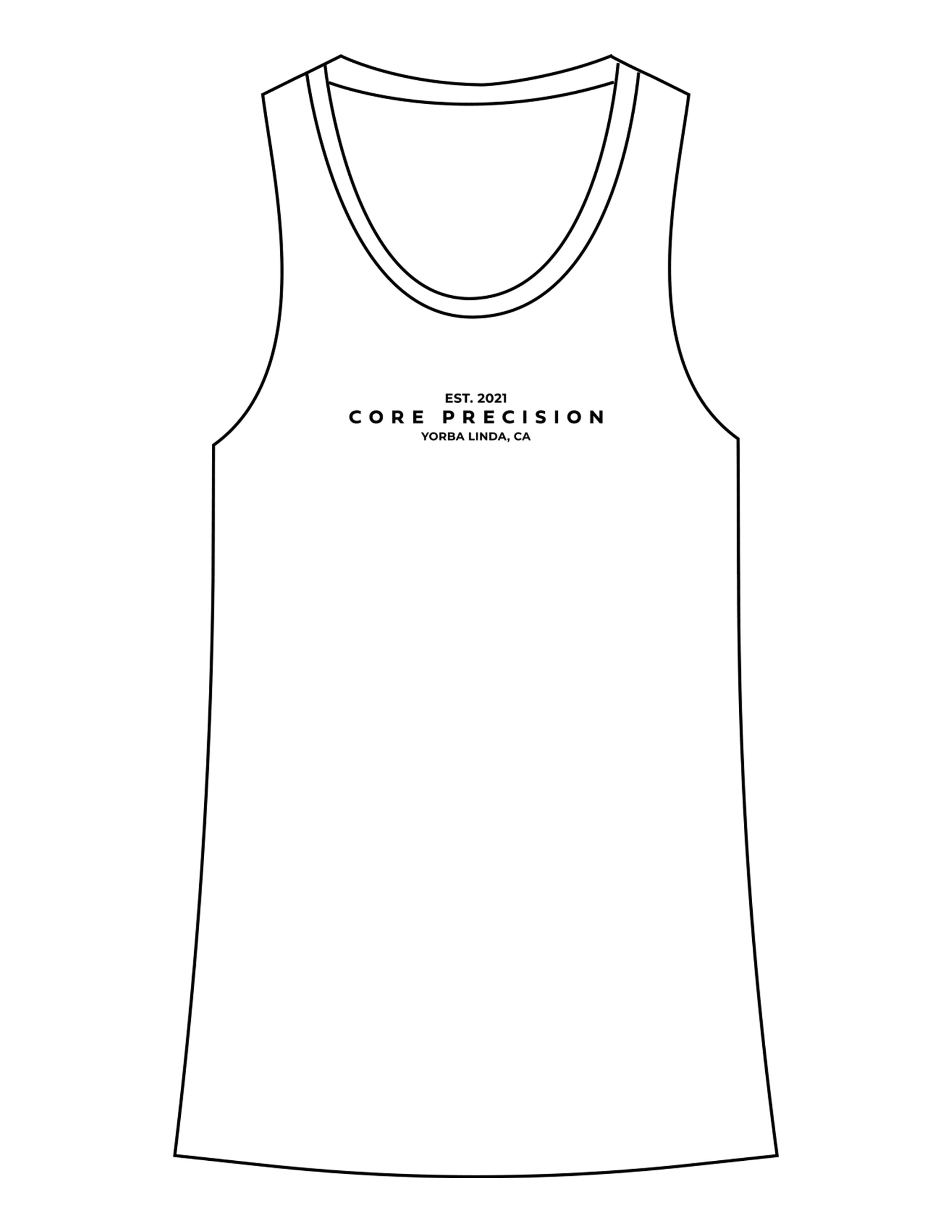 The Recycled Womens Tank - White - Core Precision - Center Chest Stacked - Printed - Black